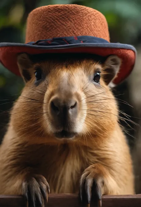 (obra de arte, 4k resolution, ultra-realistic, muito detalhado), a capybara wearing round glasses , com um chapeu de cauboy, com uma bandana, bebendo vinho portugues, em um bar, anos 70