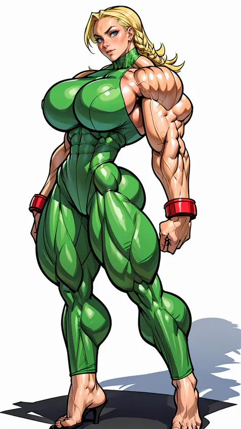 (1 girl), (cammy from street fighter), young girl, muscular feminine physique, seductive face, seductive look, long blonde hair, perfect muscular body, super skinny legs, (swollen bulging pecs:1.25), (combat ready pose), (huge muscular arms:1.45), 