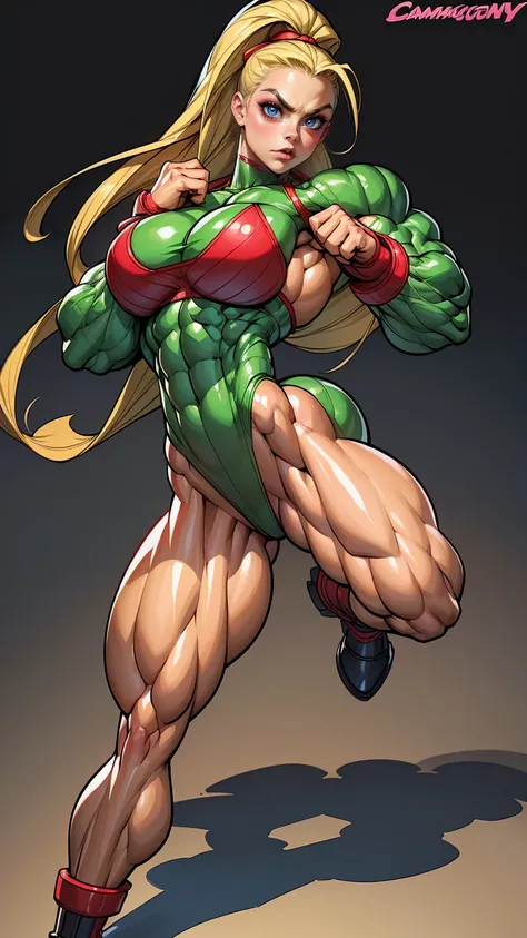 (1 girl), (cammy from street fighter), young girl, muscular feminine physique, seductive face, seductive look, long blonde hair, perfect muscular body, super skinny legs, (swollen bulging pecs:1.15), (combat ready pose), (huge muscular arms:1.15), 