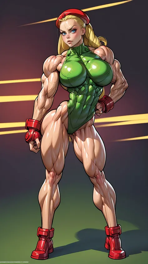 (1 girl), (cammy from street fighter), young girl, muscular feminine physique, seductive face, seductive look, long blonde hair, perfect muscular body, super skinny legs, (swollen bulging pecs:1.15), (combat ready pose), (huge muscular arms:1.15), 