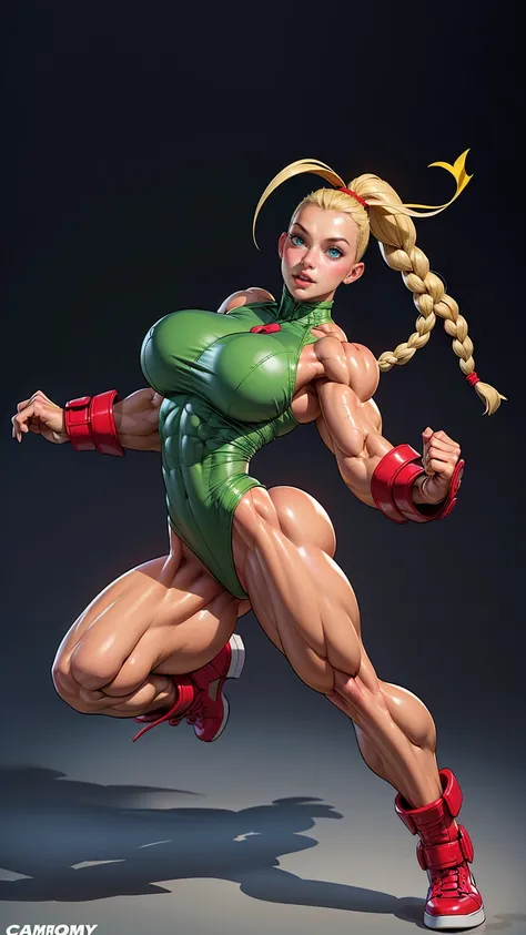 (1 girl), (cammy from street fighter), young girl, muscular feminine physique, seductive face, seductive look, long blonde hair, perfect muscular body, super skinny legs, (swollen bulging pecs:1.15), (combat ready pose), (huge muscular arms:1.15), 