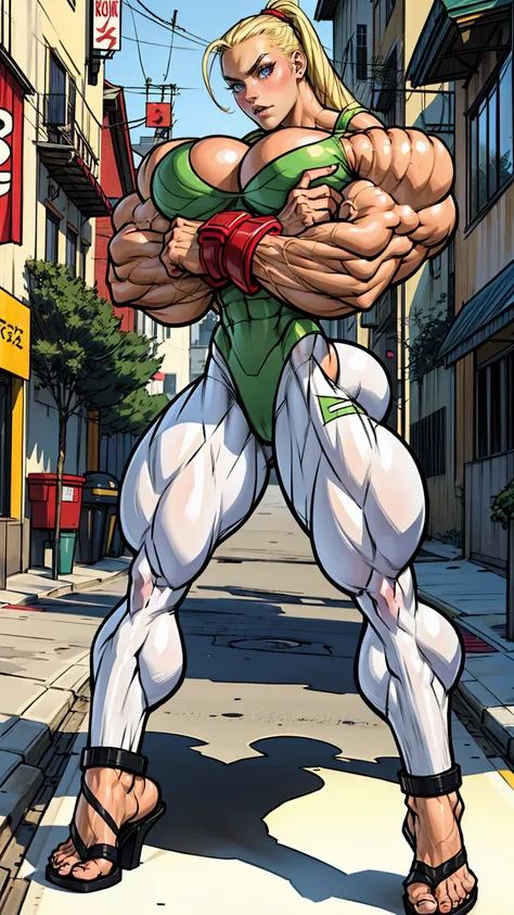 (1 girl), (cammy from street fighter), young girl, muscular feminine physique, seductive face, seductive look, long blonde hair, perfect muscular body, super skinny legs, (swollen bulging pecs:1.15), (combat ready pose), (huge muscular arms:1.15), 