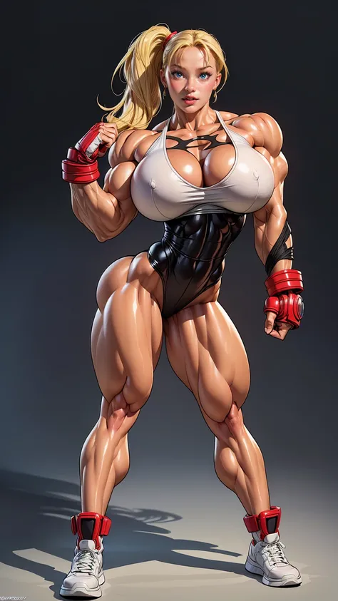 (1 girl), (cammy from street fighter), young girl, muscular feminine physique, seductive face, seductive look, long blonde hair, perfect muscular body, super skinny legs, (swollen bulging pecs:1.15), (combat ready pose), (huge muscular arms:1.15), 