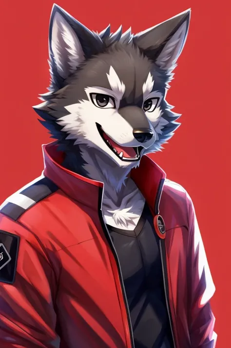 furry,kemono, anthro,
male,
bust portrait,
wolf,wolf ears,wolf tail,
grey fur,black eyes,
button ears,floppy ears,
looking at viewer,open mouth, smile,
collarbone,
techwear,red jacket,open jacket,white shirt,
hands in pockets,
red background,