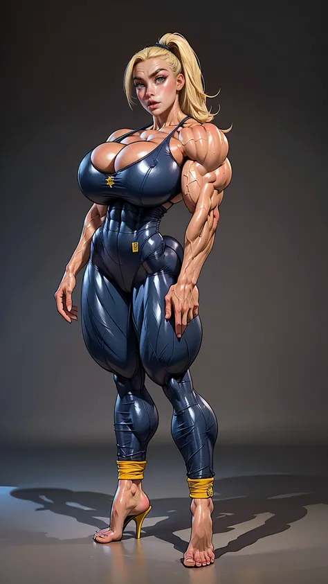 (1 girl), (cammy from street fighter), young girl, muscular feminine physique, seductive face, seductive look, long blonde hair, perfect muscular body, super skinny legs, (swollen bulging pecs:1.25), (combat ready pose), (huge muscular arms:1.45), 