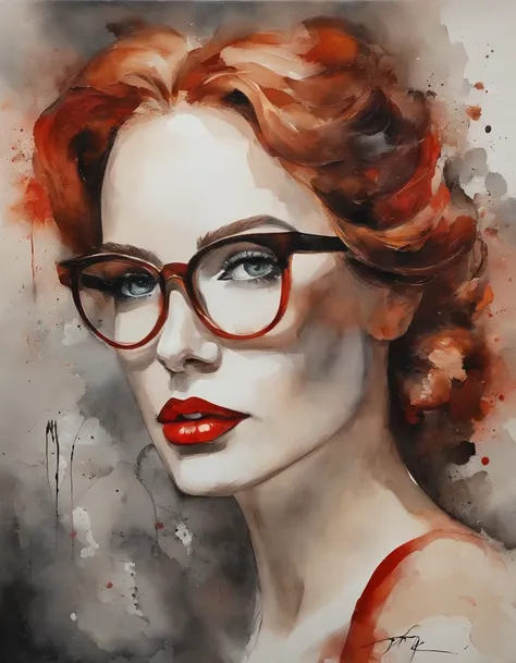 Textured oil painting an elegant minimalist representation of a womans face in textured oil. The white background highlights purity and simplicity, the face of a woman with copper-red hair, red lips and large elegant glasses. The design is minimalist, high...