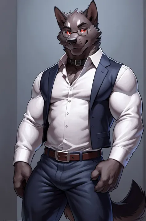 solo:1 vortex:0.8 (helluva boss), hellhound, skinny:1, masculine:1.2, black body, grey fur, red sclera, white eyes, male, (correct anatomy):1, solo, bare paws, red eyelids, black pupils, glasses, blue:1 vest, black collar, collared (white shirt):1.4 long s...