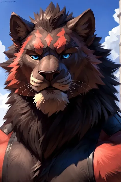 anthro lion:1 head slim. (close-up):2, 4k, high resolution, best quality disney:1.4, digital drawing,  perfect colors, perfect shadows, perfect lighting, posted on e621, furry body, anthro incineroar:1.4, solo, male, , masculine inteligent:1 twenties:1, (s...