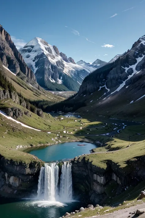 create an image representing a mountain landscape, with peaks, valleys, lakes and waterfalls.