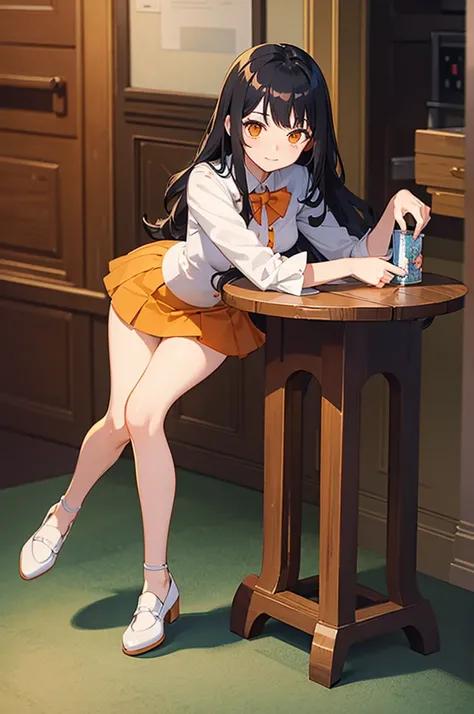 a very beautiful anime cute girl, full body, long wavy black hair, Orange eyes, full round face, short smile, fancy top, miniskirt, white dress shoes, low heels, front view, sitting at table, detailed