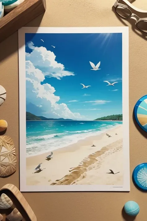 create an image representing a beach, with sand, waves, birds and shadows.