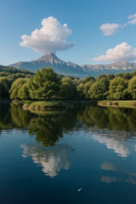 create an image that represents a lake, avec de leau, des reflets, des bateaux, et des oiseaux.