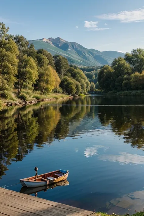 create a picture of a lake, with water, reflections, boats and birds.