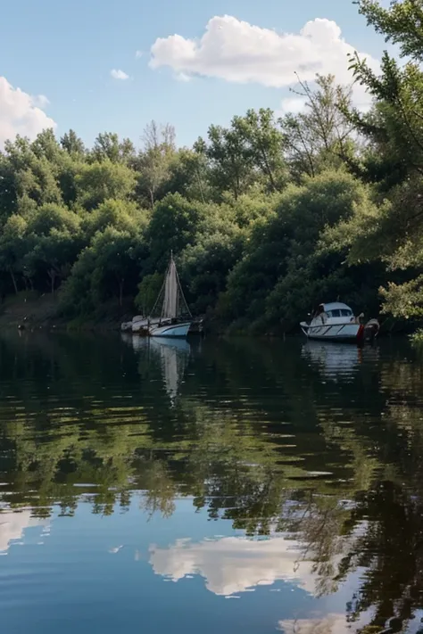 create a picture of a lake, with water, reflections, boats and birds.