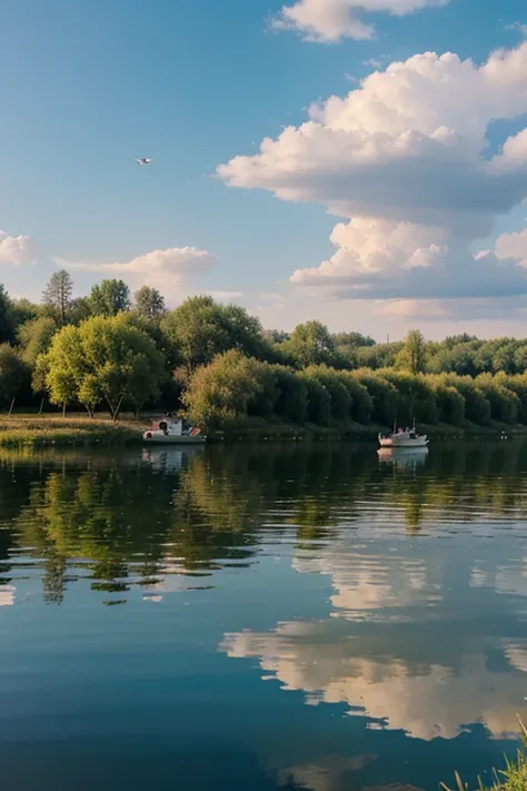 create a picture of a lake, with water, reflections, boats and birds.