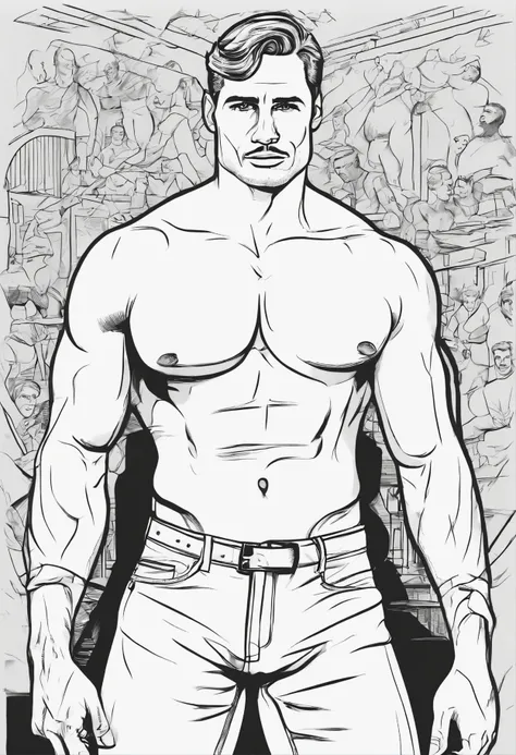 coloring book page, thick black line drawing, 2-D, no shading, hight contrast black and white, nude torso, jock strap, locker room scene, nsfw, handsome, posing, in the style of tom of finland