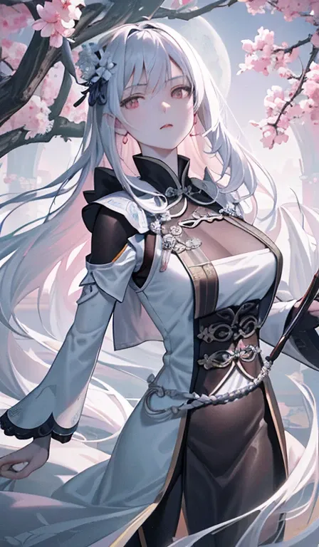 Masterpiece, Best, Night, Full Moon, 1 Female, Mature Woman, Chinese Style, Ancient China, Elder Sister, Royal Sister, Cold Face, Expressionless, Silver White Long Haired Woman, Pale Pink Lips, Calm, Intellectual, Three Belts, Gray Hitomi, assassin, dagger...