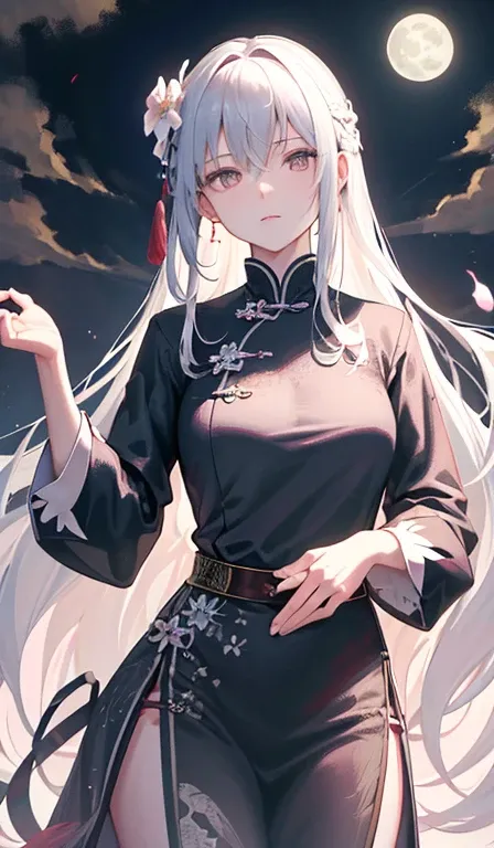 Masterpiece, Best, Night, Full Moon, 1 Female, Mature Woman, Chinese Style, Ancient China, Elder Sister, Royal Sister, Cold Face, Expressionless, Silver White Long Haired Woman, Pale Pink Lips, Calm, Intellectual, Three Belts, Gray Hitomi, assassin, dagger...