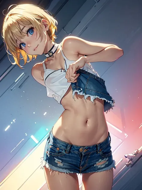 topless, no top, beautifully stratched out,(Superflat, Flat Shading, flat-colors:1.1)、(Bright blonde hair、short-hair、American boyish girl)、crotch open、Smiling、White underwearの股布が見えるように描く、Skirt flipping、((Torn and tattered denim skirt、White underwear))、Chok...