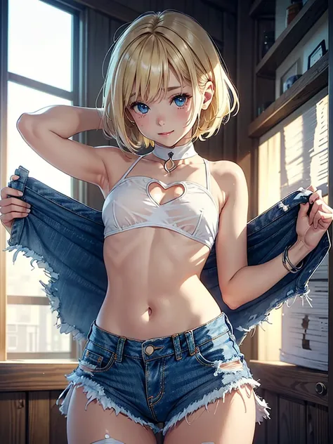 topless, no top, beautifully stratched out,(Superflat, Flat Shading, flat-colors:1.1)、(Bright blonde hair、short-hair、American boyish girl)、crotch open、Smiling、White underwearの股布が見えるように描く、Skirt flipping、((Torn and tattered denim skirt、White underwear))、Chok...