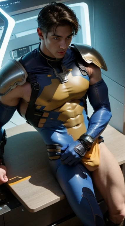 ((young male)), brown hair, yellow eyes, cat ears, cat tail, blue bodysuit, light armor, [skinny:muscular:0.7], science fiction, sci-fi, cosmic background , sexy man , NSFW , eroticism
