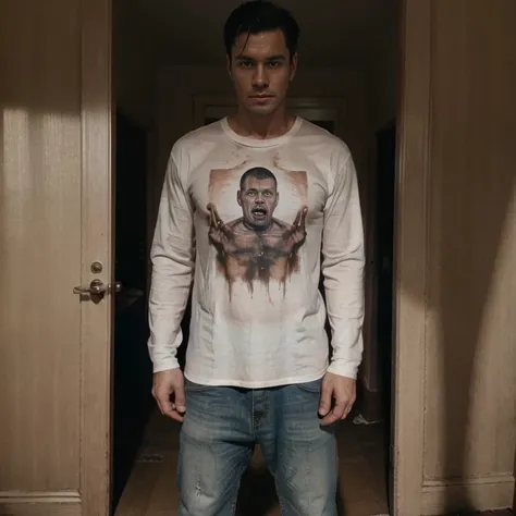 Handsome man in haunted house , horror, nsfw , evil spirit , horrible , terrifying , torned shirt , 16k , uhl , details face , details  , full length shit (fls) , full body seen , ghost , 