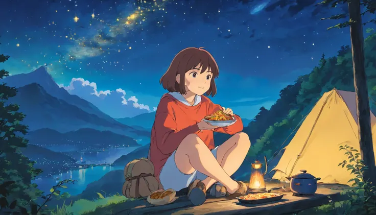 A woman enjoying solo camping、night、Eating curry、outdoor、night景、starry sky