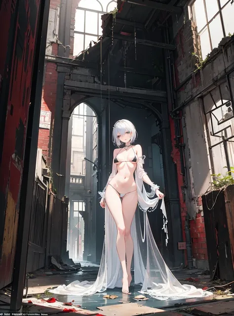 masterpiece: A stunning and intricately detailed depiction of an abandoned building,¾ CGTleton of garbage scattered all over the ground, Creates a captivating contrast of beauty and decay.

white transparent bikini: In the masterpiece, a beautiful woman pr...