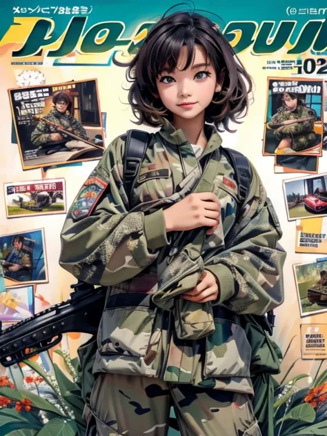 magazine cover, a girl wearing camouflage clothes and holding a rifle, cute pose