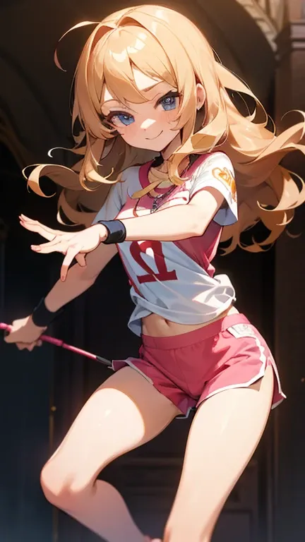 a cute 6 year old church girl named Anna, both brownish blonde hair, long wavy hair, short sleeved sport jersey tshirt, pink shorts, cross necklace, holding an ipad, sunrise, slight smile, wristbands, barefoot, winking, finger details, feet details