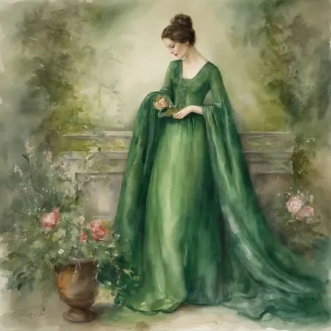 a woman in a green dress standing in a room with a painting, a picture inspired by Jeong Seon, flickr, renaissance, she wears a dark green dress, green dress, ornate dark green clothing, dark green dress, draped in velvet and flowers, vine dress, full body...