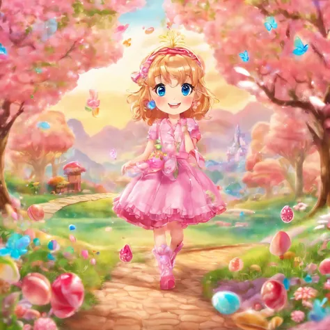 Best quality,4k,8k,highres,Meisterwerk:1.2,Ultradetailliert,realistisch:1.37,pink candy forest,dreamy,Verzaubert,magisch,wunderlich,Fairy tale,Luck,sweetness,Fantasie,spielerisch,Girl in a pink dress,schwebende Zuckerwattewolken,Chocolate trees with candy ...