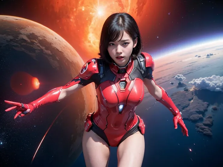 (Raw photo, highest quality), (realistic, Photoreal:1.3), 1 girl、realisticbody、strawberry battle suit costume、Flying in space、avoid missiles、action pose！、crack in costume