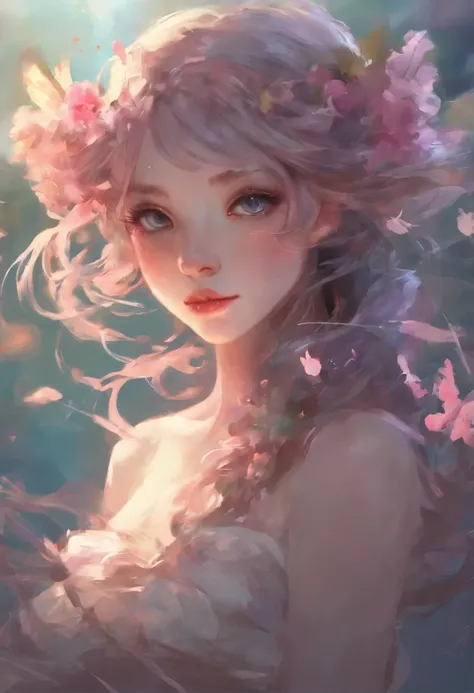 hay una mujer con cabello rosado sentada en una de rodillas, obra de arte al estilo de guweiz, Guweiz en ArtStation Pixiv, guweiz, arte digital, animado. soft lighting, beautiful fantasy anime, beautiful animado girl, animado art, lovely languid fairy