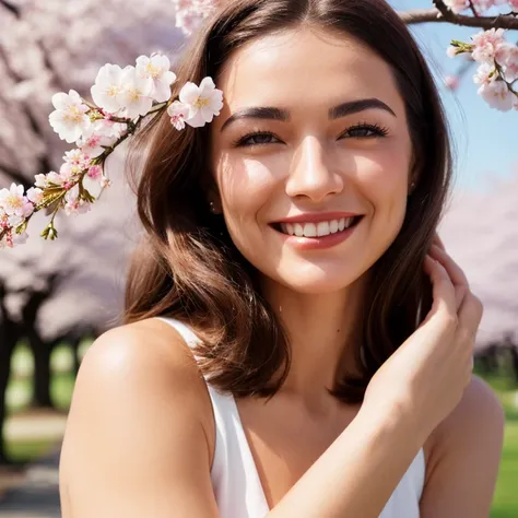 retro photography, 1960s , AGFA, Kodak, 1girl, portrait, looking_at_viewer, smile, Russia, Moscow, cherry blossom, octane render, solo