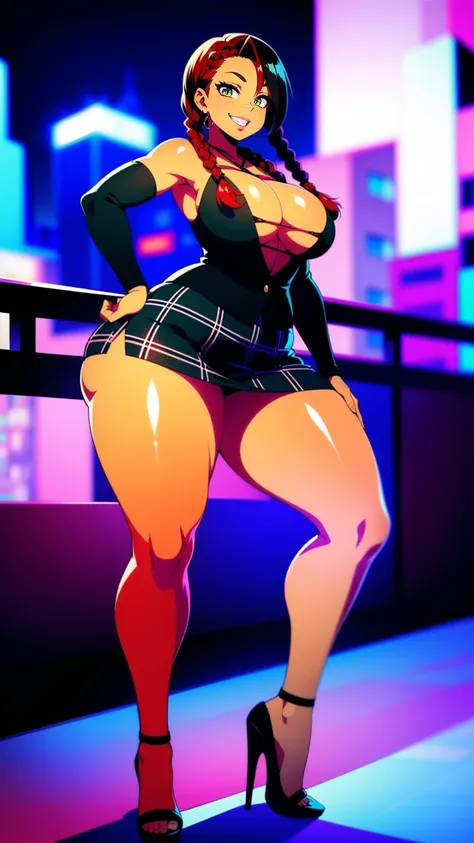 4K Quality, ((big smile)), sexy pose, black plaid miniskirt, standing up, ((black and red braids)), ((dark skinned)), thick thighs, big breasted, big ass, looking at viewer, braided hair, (red eyes), night time, bedroom eyes, full body, city background, pe...