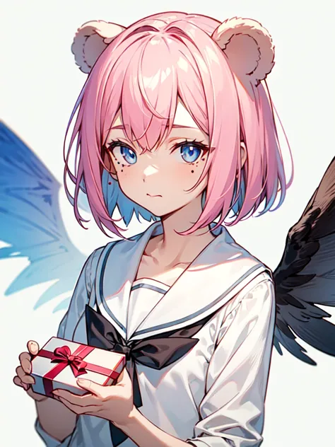 ski style, 1 girl, one, pink hair, animal ears, blue eyes, wings, i look at the viewer, a mole, bang, short hair, a gift, sailor...