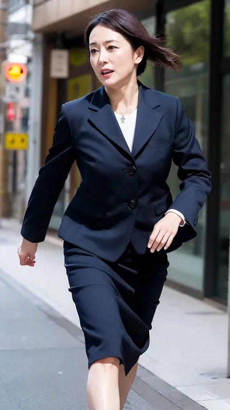 highest quality、masterpiece、ultra high resolution、(realistic:1.4)、downtown Tokyo、woman、Running Stance、full speed force、serious expression、beautiful woman、business suit、skirt、handbag、high heels