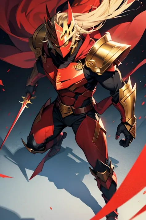 
king with golden armor with red shadow power with two blades