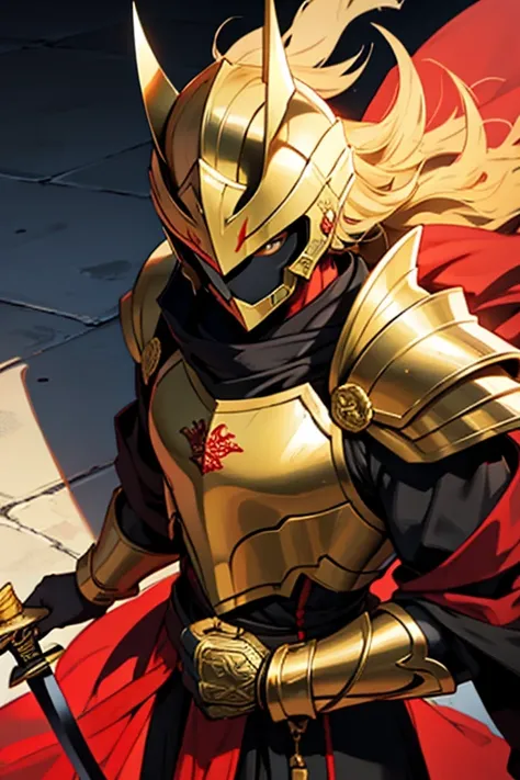 king with golden armor with shadow power red color with two swords golden helmet