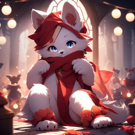 furry, white fur, ultra cute face, red elements on fur, beautiful lights and shadows, ambient light, ultra detailed fur, volumetric light