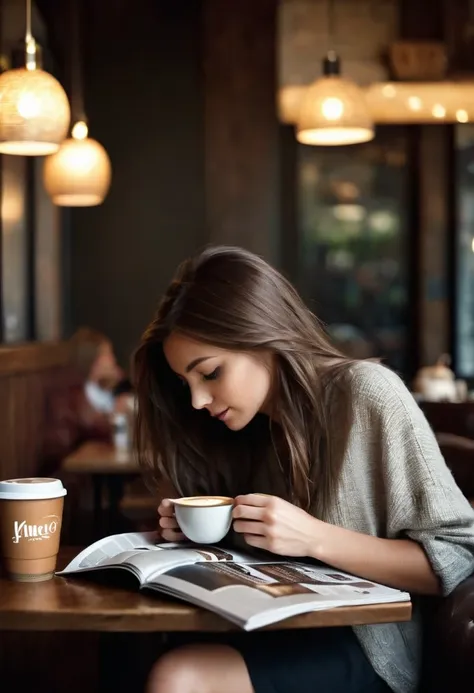 a girl is drinking coffee and flipping through a magazine about coffee. the background is in a coffee shop with a dark texture.....