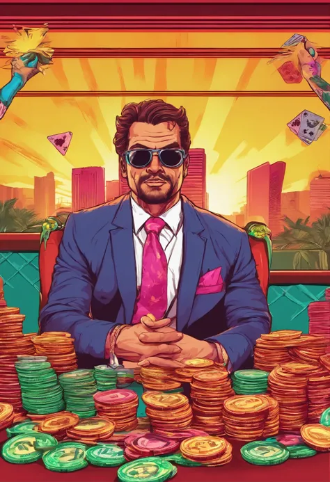 Hombre sentado, gafas de sol, apostando en un casino de las vegas, y con mucho dinero en la mano