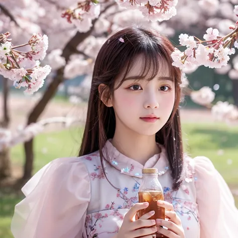 girl with a glass bottle, Cherry blossoms in full bloom blooming inside the transparent clear glass bottle, There are cherry blossom petals in the bottle, fantasy, top detail