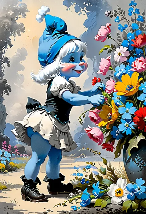 fluorescent horizon,
A stunning low-angle painting of a giant Smurfette bending down to sniff a beautiful bouquet of flowers. The Smurfettes vibrant blue color contrasts with the delicate, colorful flowers. The background is a cool, monochromatic grey, all...