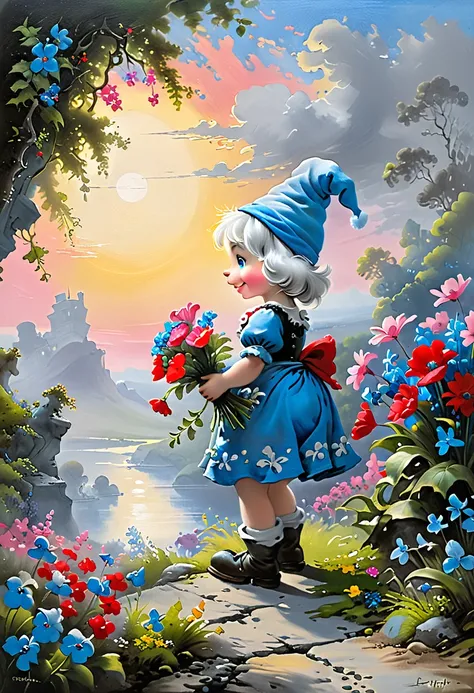 fluorescent horizon,
A captivating low-angle painting of a giant Smurfette in a serene and enchanting setting. She is bending down to sniff a beautiful bouquet of vibrant, colorful flowers, with her vibrant blue color contrasting beautifully. The backgroun...