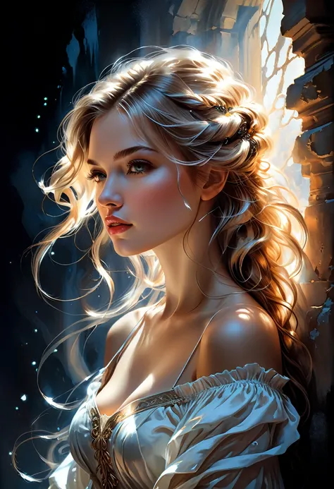 fluorescent horizon,
a captivating and cinematic illustration of a woman with cascading locks of hair, flowing gracefully down h...