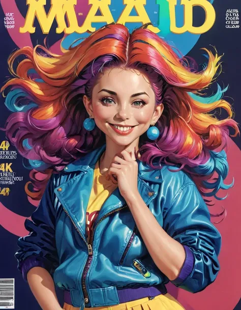 Magazine Cover, aesthetic, mad-magazine-cover, (a girl with) vibrant colorful hair, striking pose, stylish clothes, confident smile, dynamic background, (high fashion),(realistic),(studio lighting), (best quality,4k,highres), (portrait)