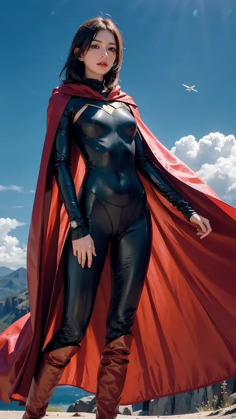 Anne Hathaway wearing detailed and glossy SuperMan costume with full sleeves covering the entire body, short black hair, serious face, (flying in sky), vivid colors, dramatic lighting, red cape, cinematic costume, carbon fiber detailed suit,red boots,red o...