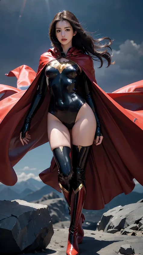 Anne Hathaway wearing detailed and glossy SuperMan costume with full sleeves covering the entire body, short black hair, serious face, (flying in sky), vivid colors, dramatic lighting, red cape, cinematic costume, carbon fiber detailed suit,red boots,red o...